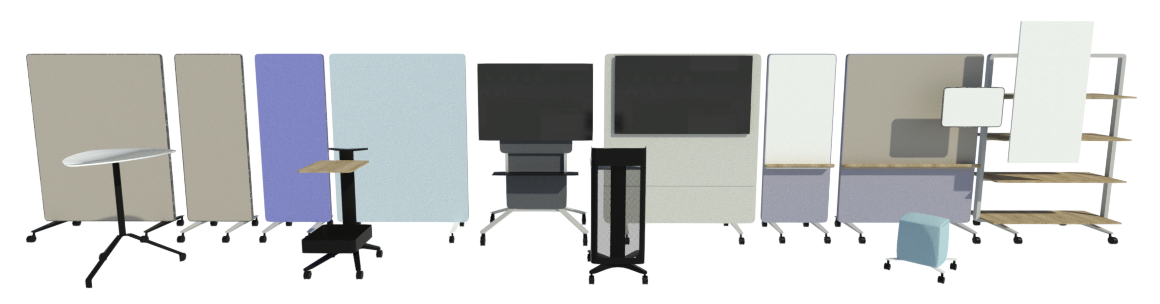 Revit render of 9 folded tables from the Confair Next Range and 4 accessories available from their mobile board tables, rolling stools, display racks, shelf racks, liteboards, media walls, lecterns and board servers.